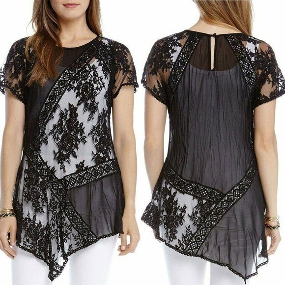 Karen Kane Tops - KAREN KANE ~ L ~ Black Sheer Lace Crinkle Chiffon Short Sleeve Blouse ~ NWOT $95